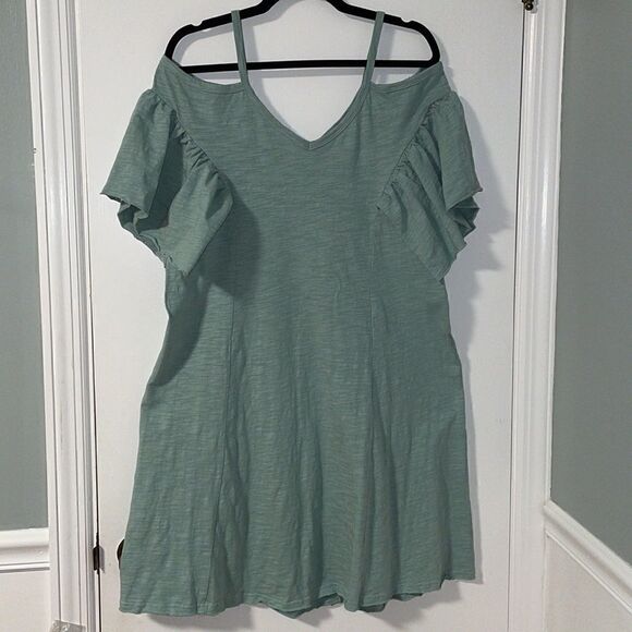 Bottle green cold shoulder flutter sleeve princess seam dress size Large - Picture 6 of 8